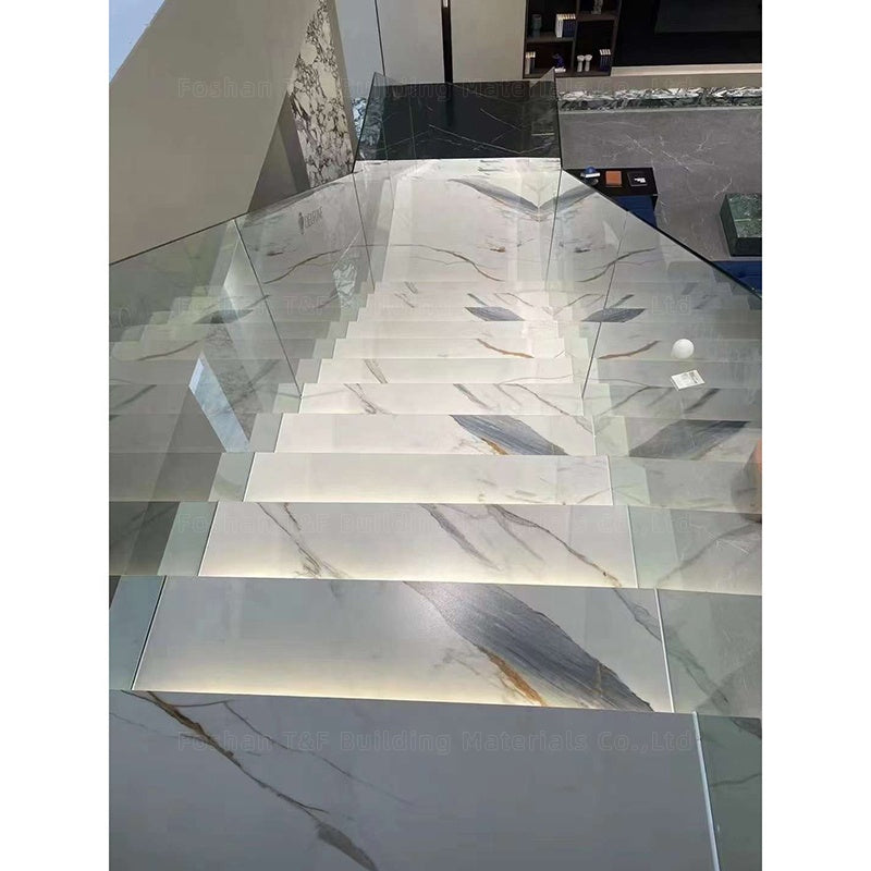 Gạch lát sàn Porcelain vân đá cẩm thạch trắng bóng thiết kế tùy chỉnh và Bậc, cổ bậc cầu thang bằng đá nung kết mờ