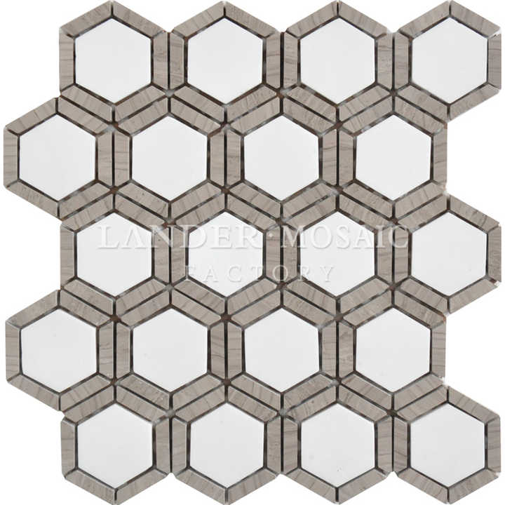 Gạch khảm đá cẩm thạch trắng và xám hoàn thiện đánh bóng hình lục giác sẵn sàng giao hàng cho sàn phòng tắm