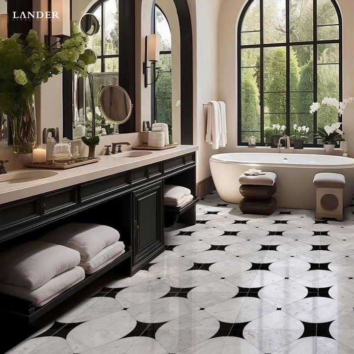 Gạch khảm đá cẩm thạch LANDER STONE họa tiết hoa tia nước dùng cho ốp tường bếp và ốp tường phòng tắm