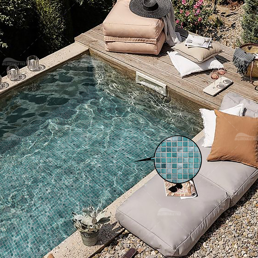 Gạch khảm bể bơi phòng tắm sứ in phun xanh hiện đại Bluwhale 48mmx48mm giá sỉ sản xuất tại Trung Quốc