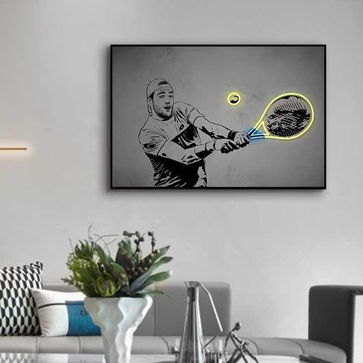 JZ Home Decor 3D Light Artwork Poster Tranh cầu thủ tennis phát sáng Đèn LED Canvas treo tường nghệ thuật
