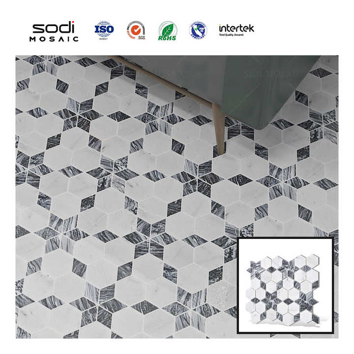 Nhà máy tùy chỉnh chống nấm mốc dính gạch ốp tường bếp khảm lục giác chống thấm nước gạch khảm đá cẩm thạch