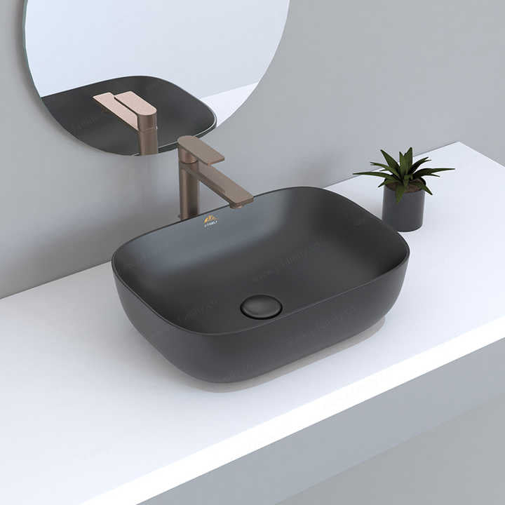 Bồn rửa mặt hình bầu dục tráng men đen mờ, bồn rửa mặt bằng gốm sứ khách sạn