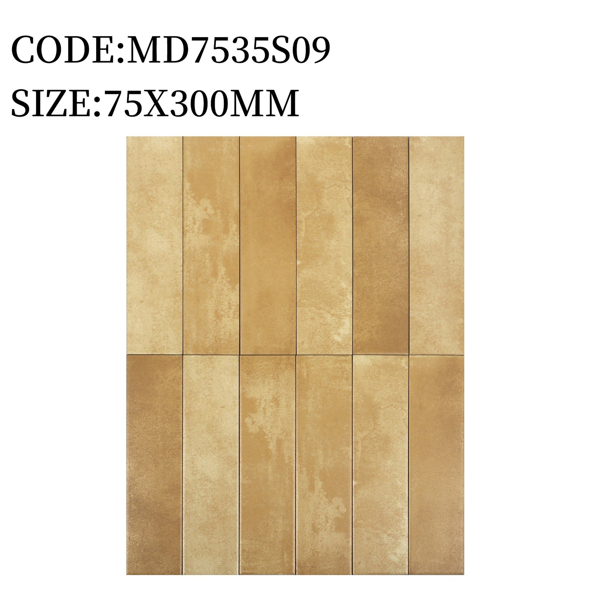 Gạch thẻ Trung Quốc, Vàng đất loang mờ phẳng, KT 75x300 mm, MD7535S09 (1 hộp/ 44 viên/ 1.125m2)