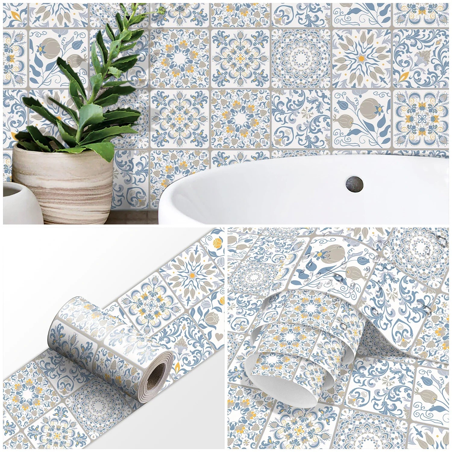 Dán Dính Gạch Ốp Tường Màu Xanh Trắng Vàng Phòng Tắm Bếp