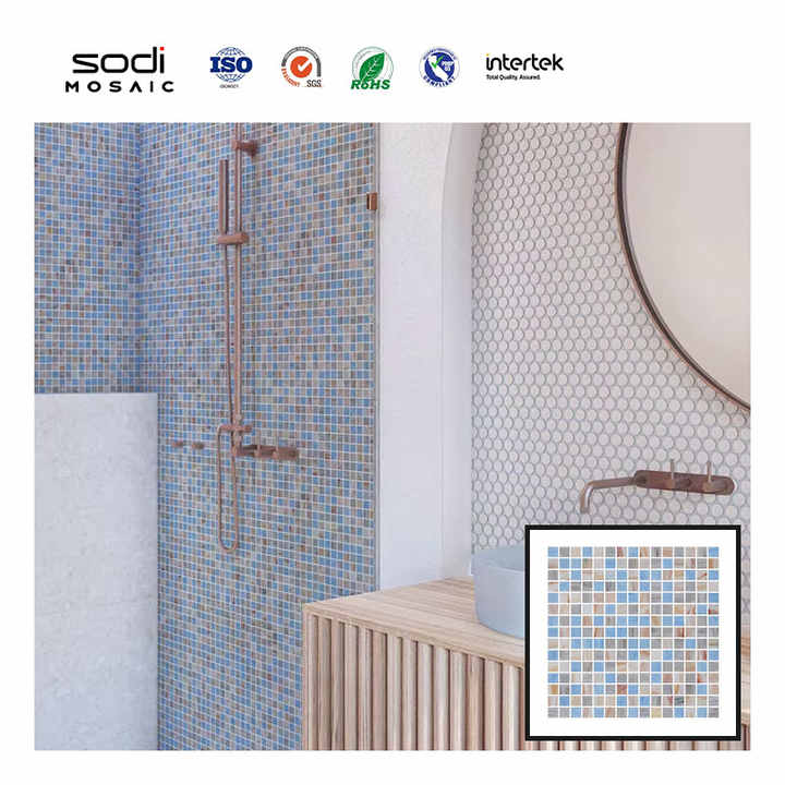 Hồ bơi phong cách mùa hè màu be và xanh lam tường hỗn hợp màu hiện đại bóng trang trí gạch vuông khảm cho tòa nhà - Daisan Store