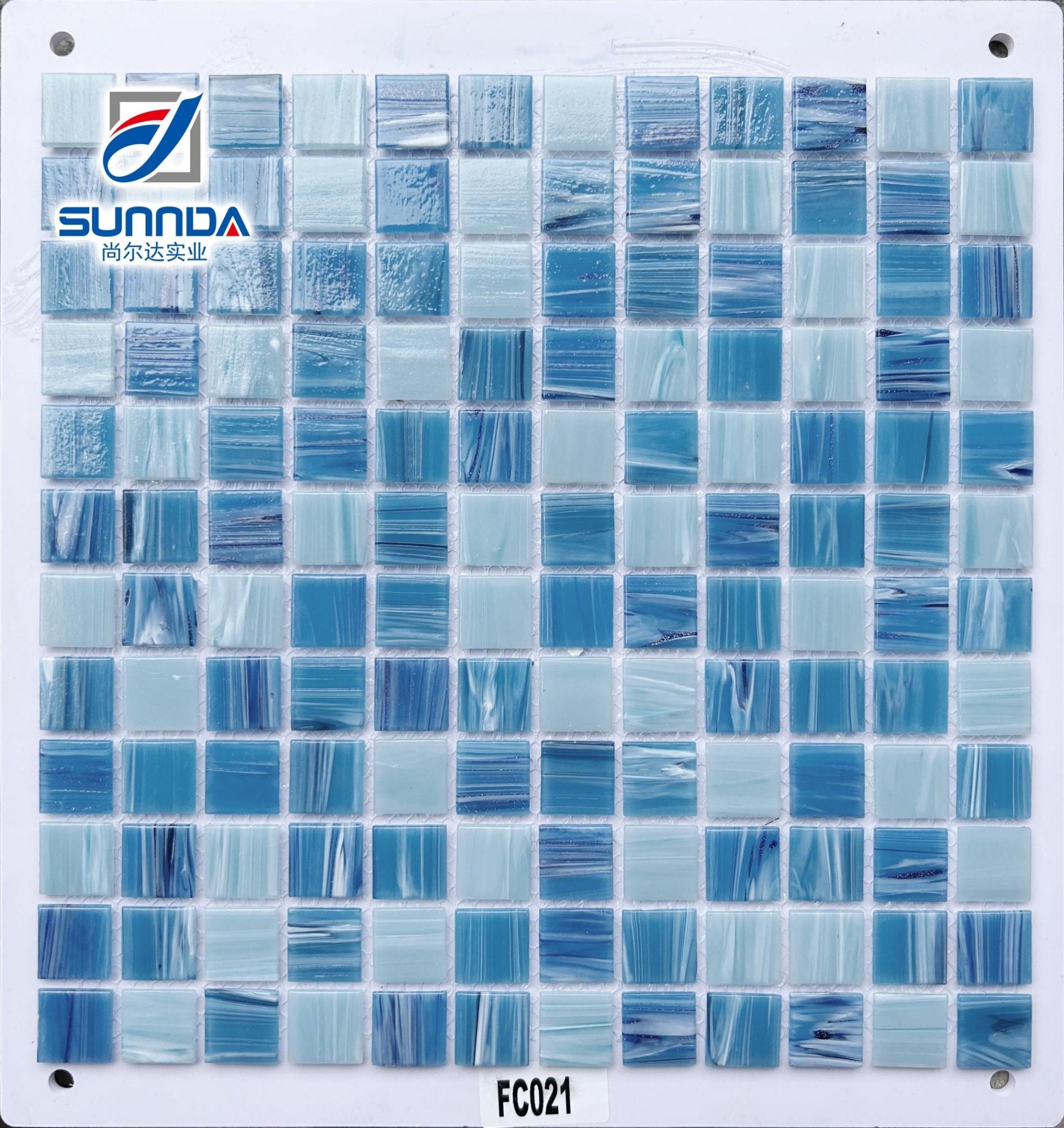 Mosaic kính 48x48 mm thiết kế xanh dương nóng và vàng trang trí tường phòng tắm, bếp dạng lưới - Daisan Store