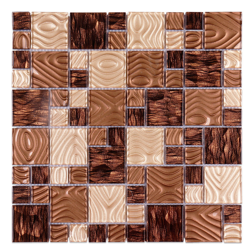 Gạch ốp tường mosaic kính dán an toàn màu be nâu vân gỗ giả hiện đại
