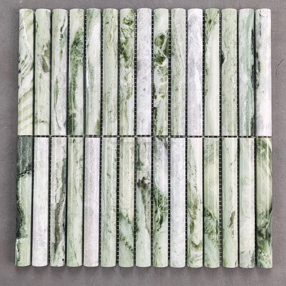 Phổ biến Tự nhiên Dải Mosaic Cẩm Thạch Xanh Gạch Mosaic Cẩm Thạch KitKat Trang Trí Đảo Quầy Bar Tấm Ốp Tường Bếp Đá Cẩm Thạch Có Rãnh Gạch Ốp Bếp