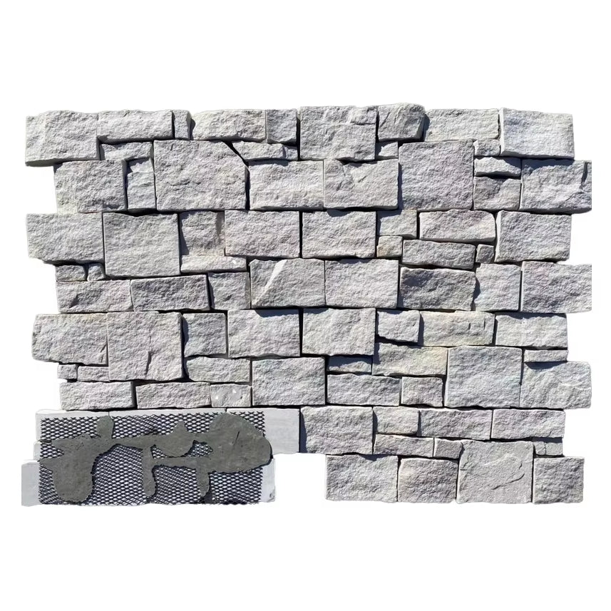 Tấm ốp tường ngoại thất khách sạn ngoài trời bằng đá văn hóa đá vôi, màu trắng hiện đại, ăn mòn axit, bề mặt chẻ tự nhiên.