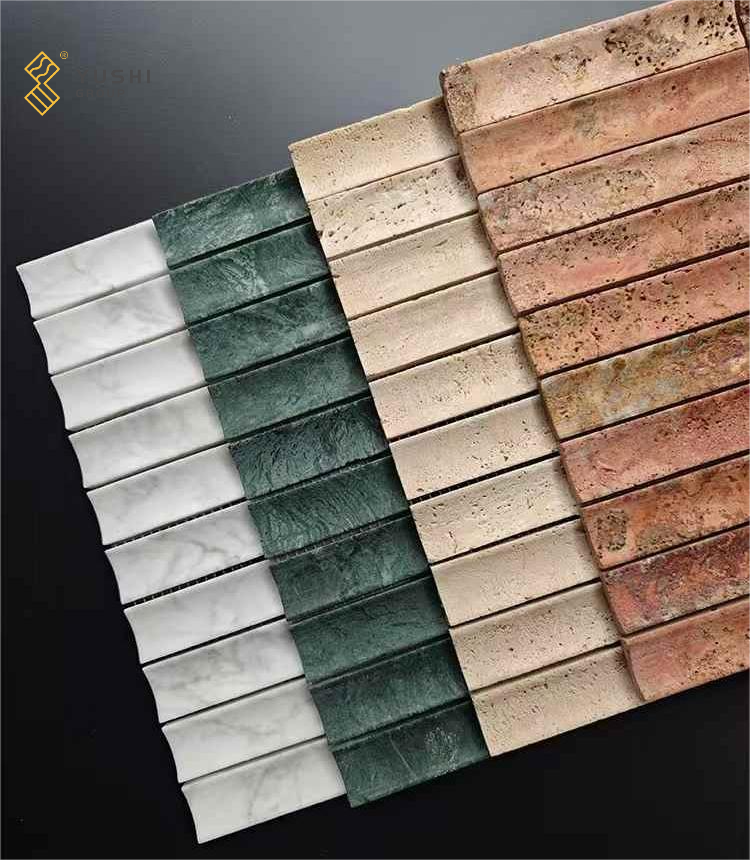 YUSHI Sang trọng Gạch mosaic đá cẩm thạch tự nhiên hình dải bề mặt lồi lõm cho tường ốp nội thất khách sạn hiện đại