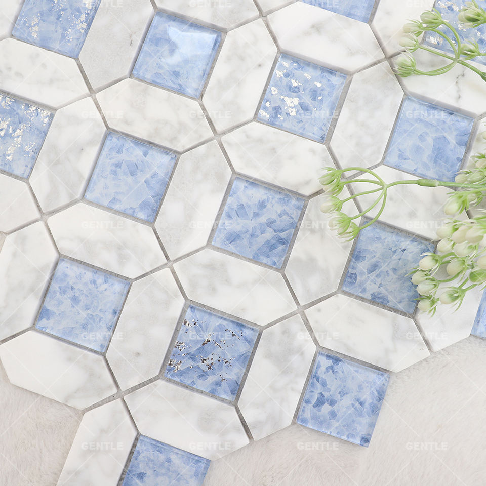 Gạch Ốp Tường Trang Trí Mosaic Bếp Đá Cẩm Thạch Trắng Và Xanh Mòng Két Đánh Bóng