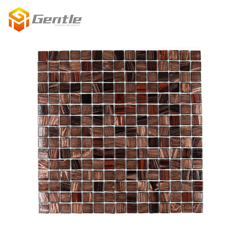 Gạch mosaic thủy tinh bóng màu nâu pha tối, viên vuông 20x20x4mm, tấm vuông 327x327mm, dán nóng chảy, dùng cho phòng tắm.