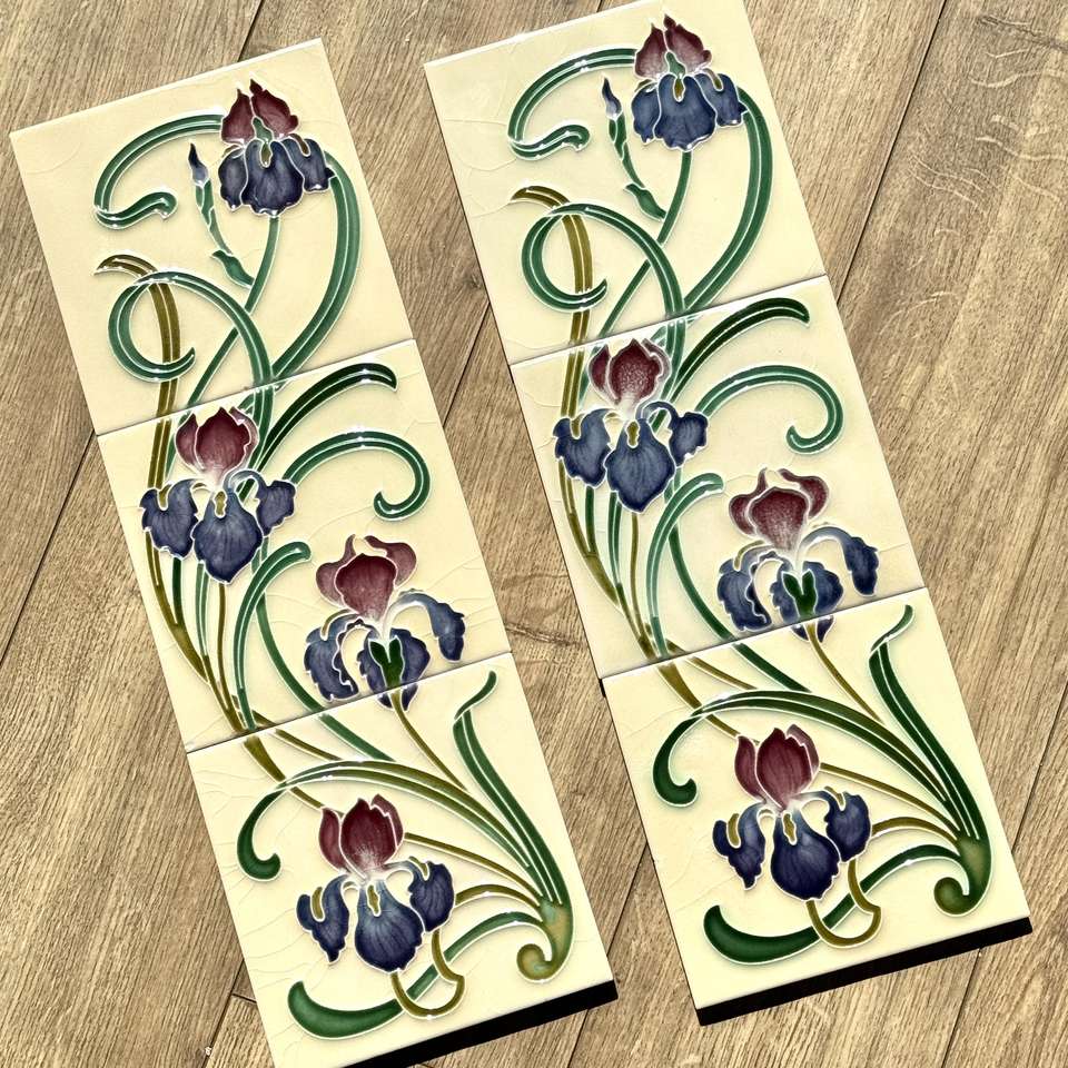 Gạch ốp tường gốm tráng men 3D khắc lại kiểu cổ điển tùy chỉnh, họa tiết gradient hoa diên vĩ tím phong cách hiện đại, dành cho gạch chịu lửa vuông.