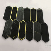 Gạch mosaic kính hình lục giác dài khảm kính đen tuyền viền bạc và vàng trang trí tường