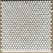 Gạch ốp lát nội thất mosaic hình đồng xu tròn bằng đá cẩm thạch trắng Thassos Mini dùng để trang trí tường và sàn phòng tắm.