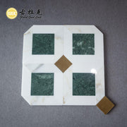 Gạch mosaic cắt tia nước bằng đá Calacatta Gold và Verde Affai kết hợp đồng thau dùng cho trang trí tường và sàn nội thất