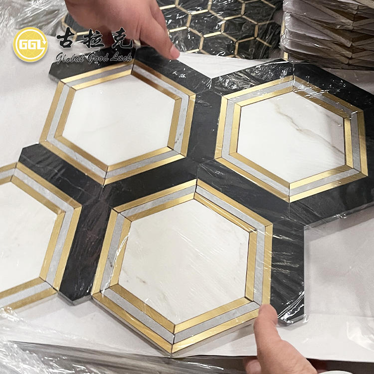 Cung cấp từ nhà máy Gạch mosaic hình lục giác đá cẩm thạch trắng Calacatta phối đồng dùng để trang trí nội thất