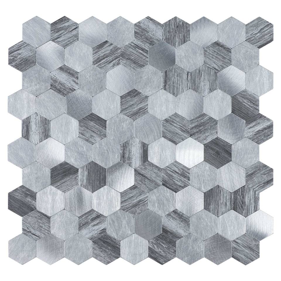 Gạch Mosaic Bóc dán Lục giác Nhôm vân gỗ Xám pha Bạc ốp tường bếp