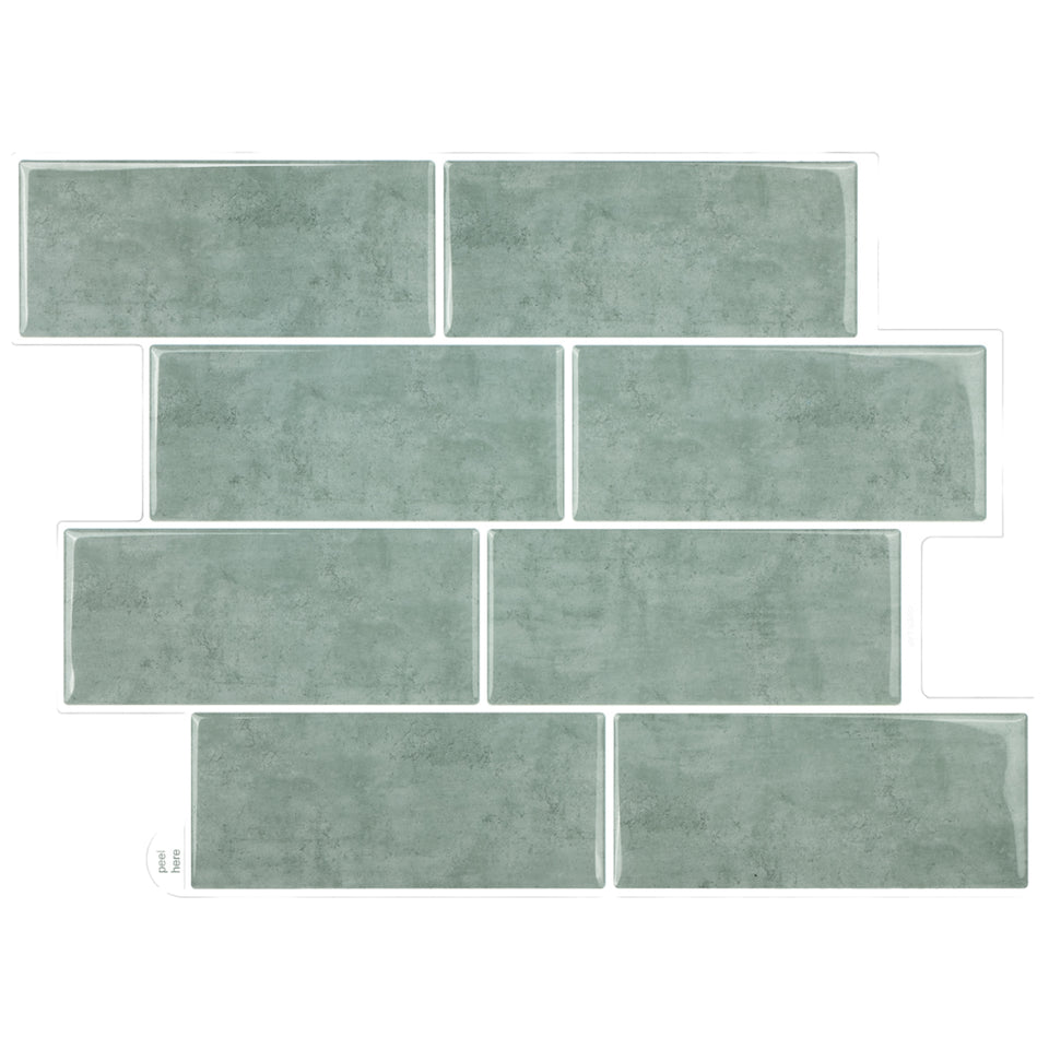 Gạch mosaic vuông ốp tường bóc dán dạng tàu điện ngầm bằng đá cẩm thạch xanh nhạt hiện đại, bóng tự dính, kích thước 11.56*8.38 inch, dành cho bếp kiểu đồ họa.