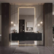 Tủ Lavabo Phòng Tắm Gỗ Treo Tường Tùy Chỉnh Hiện Đại Sang Trọng Kiểu Khách Sạn với Mặt Đá Nung Kết và Gương LED Thông Minh