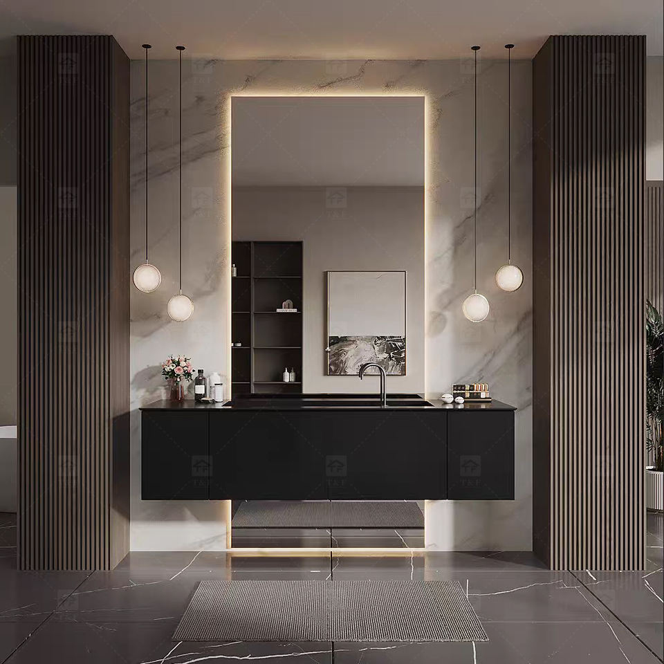 Tủ Lavabo Phòng Tắm Gỗ Treo Tường Tùy Chỉnh Hiện Đại Sang Trọng Kiểu Khách Sạn với Mặt Đá Nung Kết và Gương LED Thông Minh