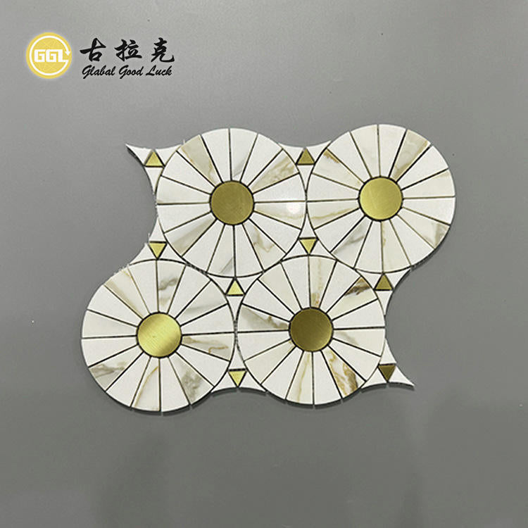 Đá cẩm thạch Calacatta Gold Tròn kết hợp đồng thau Gạch mosaic cắt tia nước 10mm Hoa văn Parquet hiện đại Trang trí tường bếp & biệt thự