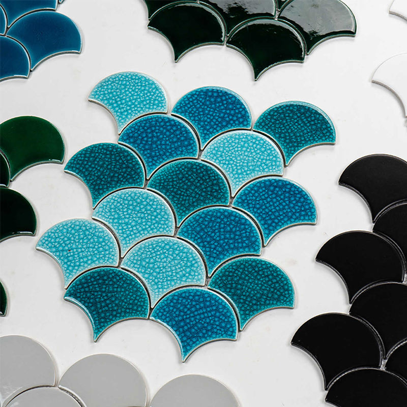 Gạch Mosaic Gốm Sứ Men Rạn Băng Hình Quạt Họa Tiết Vảy Cá Xanh Dương Ốp Tường Phòng Tắm Spa Hồ Bơi