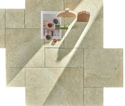 Gạch lát sàn sứ vân đá vôi màu be, bề mặt mờ, hỗn hợp nhiều kích cỡ, cắt vân ngang dùng cho phòng.