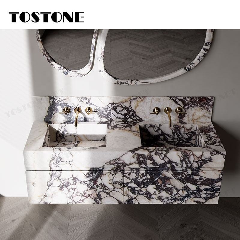 Tostone Mặt bàn chậu rửa phòng tắm gắn tường bằng đá cẩm thạch Calacatta Viola tự nhiên đẹp dành cho nội thất tùy chỉnh phòng vệ sinh nhỏ