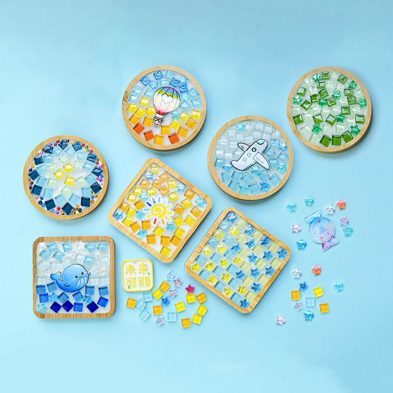 Bộ Dụng Cụ Mosaic Kính DIY Hình Vuông Màu Hỗn Hợp Làm Đế Lót Ly Gỗ Dành Cho Người Lớn, Bộ Thủ Công Mosaic, Đế Lót Ly Thủ Công Quà Tặng Trang Trí Nhà Cửa