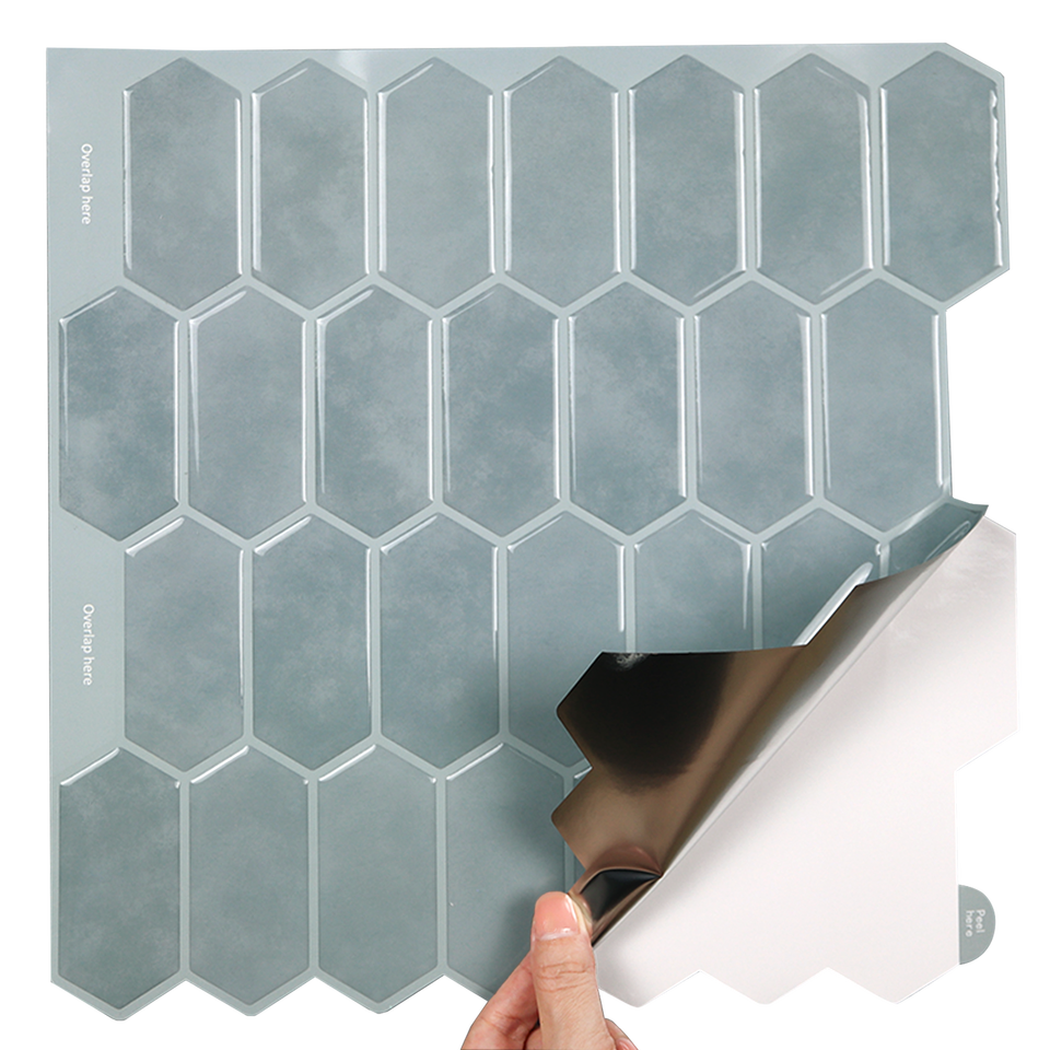 Gạch dán tường vinyl 3D lục giác màu xanh, bóc dán tự dính, cho nhà bếp, trang trí và cải tạo DIY dễ dàng.