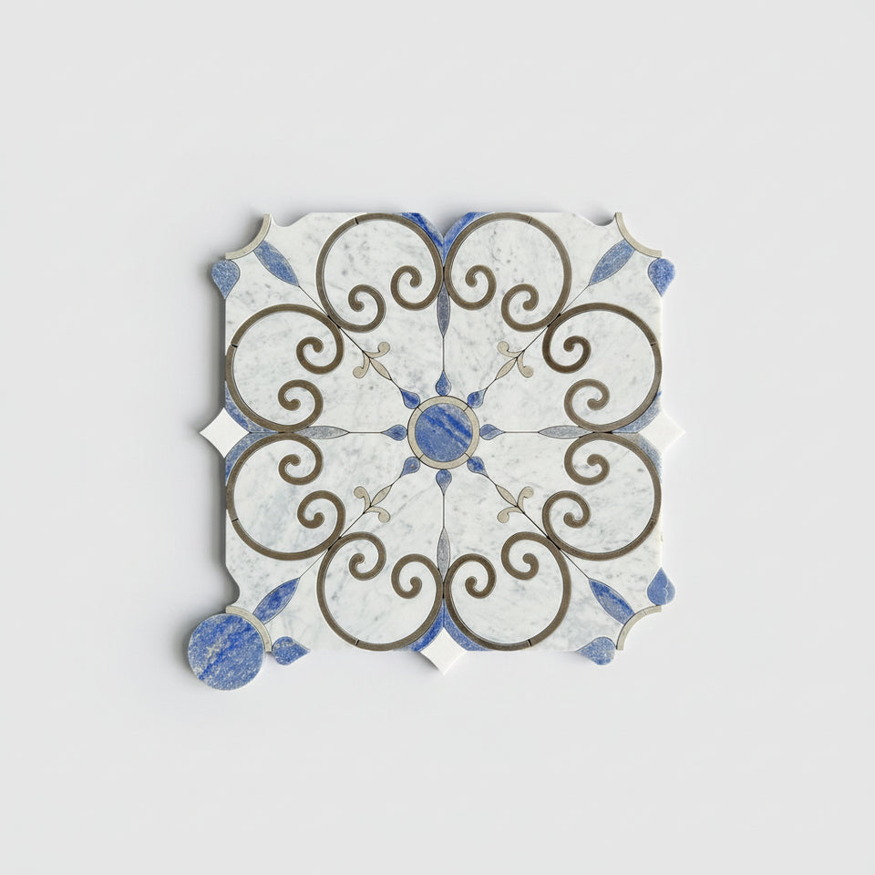 Gạch Mosaic Trắng Carrara Hình Cắt Tia Nước Hiện Đại Với Họa Tiết Hoa Dùng Trang Trí Phòng Ngủ, Nhà Bếp & Phòng Tắm