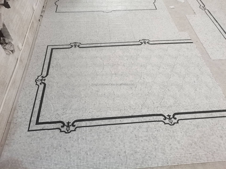 Mosaic Đá Cẩm Thạch Trắng Đen Hình Quạt Và Vuông Dạng Ghép Hình Khổ Lớn Tùy Chỉnh Cho Trang Trí Tường Khách Sạn, Biệt Thự