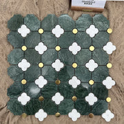 Gạch mosaic tia nước bền bỉ, chạm khắc thủ công từ đá cẩm thạch ngọc bích xanh và vỏ sò pha trộn, dành cho không gian nhà ở và thương mại cao cấp