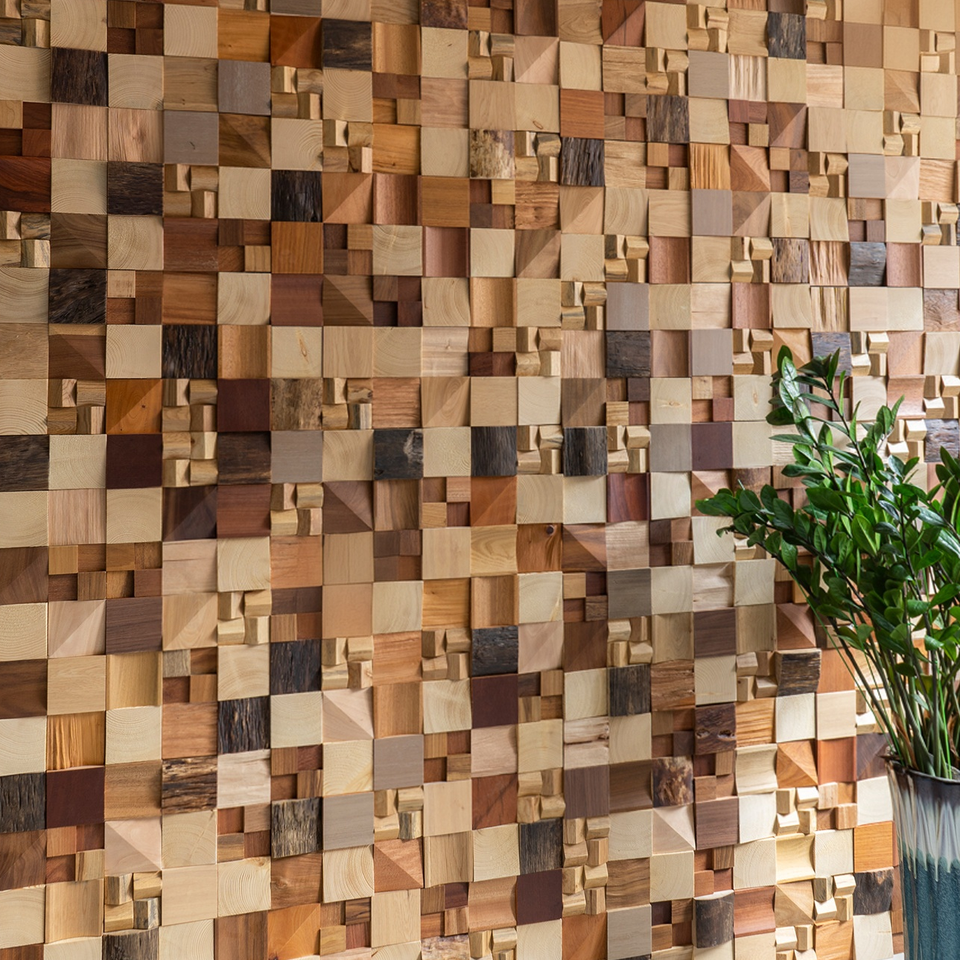 Tấm ốp tường gỗ nguyên khối dạng gạch mosaic 3D, ghép hình nghệ thuật hình học phong cách thiết kế Trung Quốc xu hướng mới, đề can nghệ thuật tái sử dụng