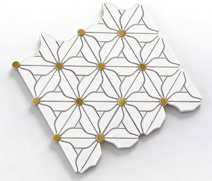 Gạch mosaic kim loại và đá cẩm thạch hình hoa 3D, họa tiết hiện đại, sang trọng, thân thiện môi trường