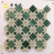Gạch mosaic đá hoa văn cắt tia nước phối cẩm thạch xanh và vân gỗ