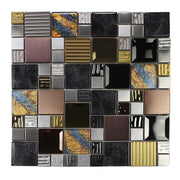 Gạch mosaic thủy tinh ốp tường bếp và tường sảnh, hỗn hợp kính lấp lánh màu, kim loại vàng và thép không gỉ