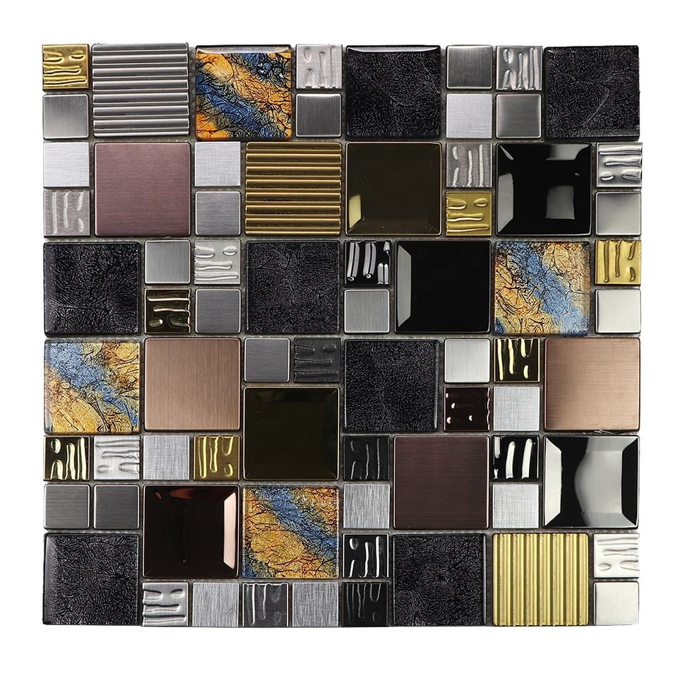 Gạch mosaic thủy tinh ốp tường bếp và tường sảnh, hỗn hợp kính lấp lánh màu, kim loại vàng và thép không gỉ