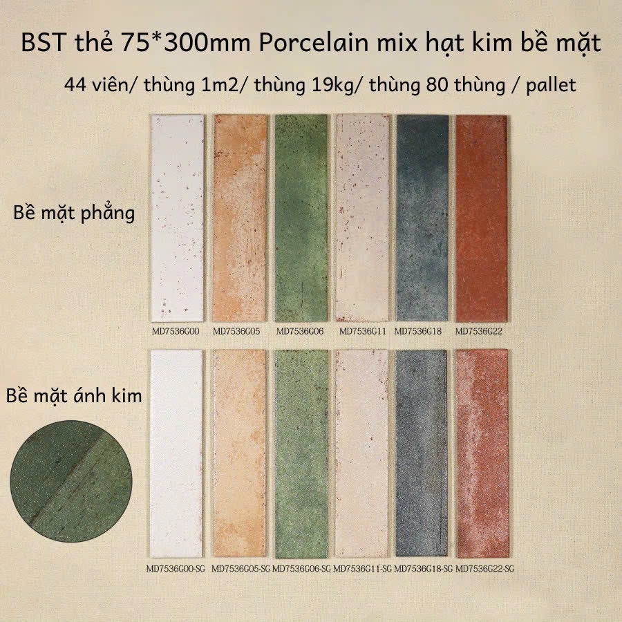 Bộ mẫu thẻ Porcerlain Mix hạt ánh kim 75*300mm – Daisan Store