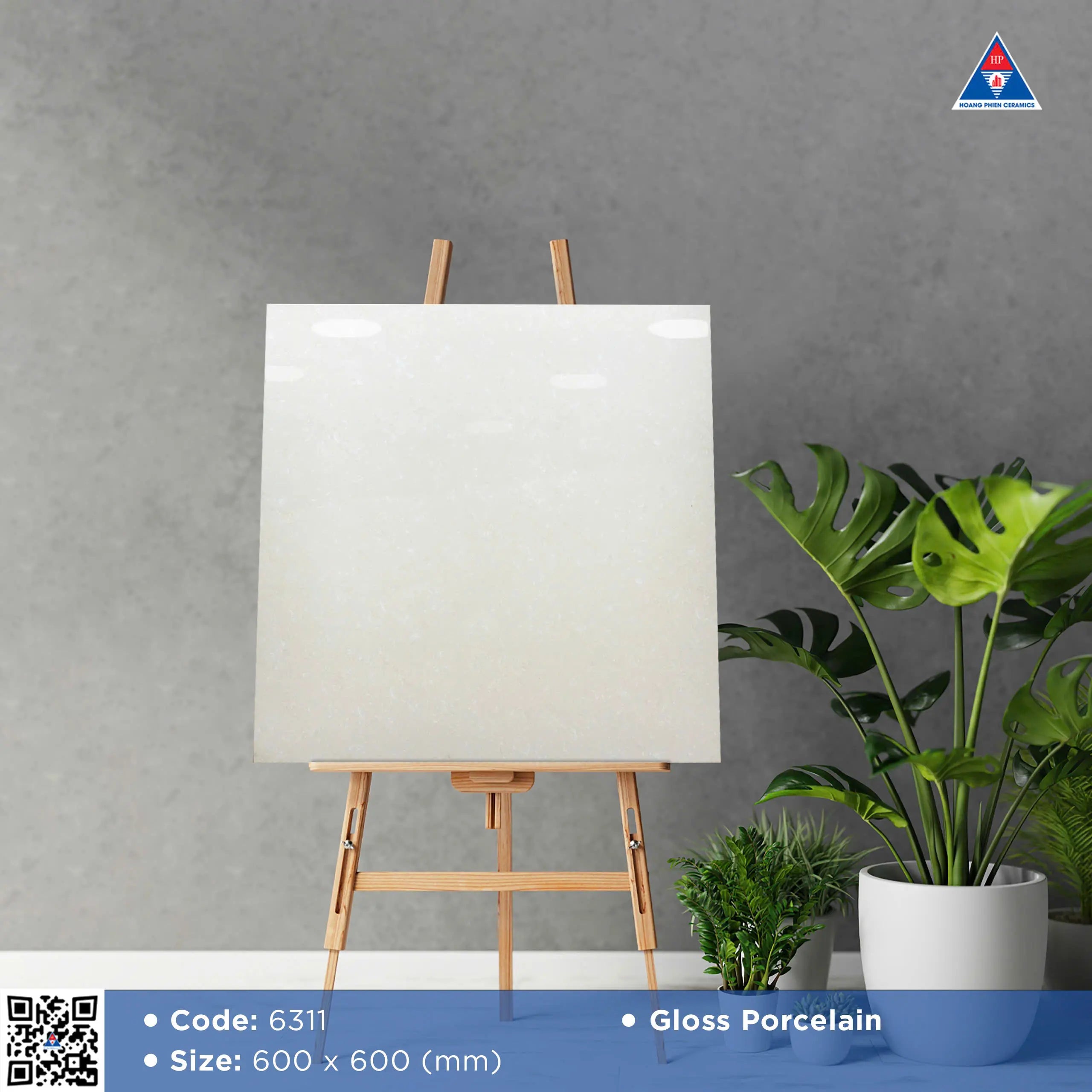 Gạch lát Việt Nam, Xương đá trắng bóng, mã 6311, KT 600x600mm (4 viên/thùng/1,44m2)