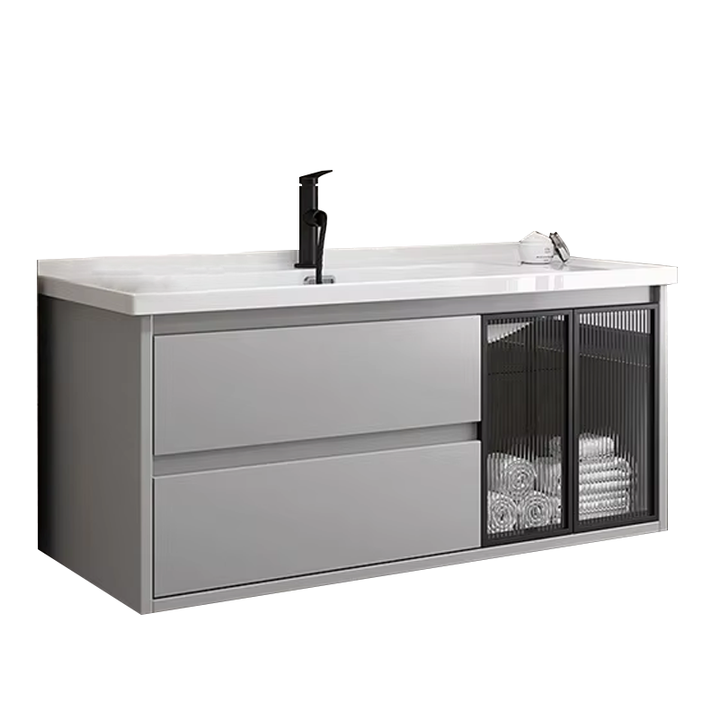 Bộ tủ phòng tắm đơn giản hiện đại, bồn rửa mặt bằng gốm sứ kết hợp gương thông minh LED