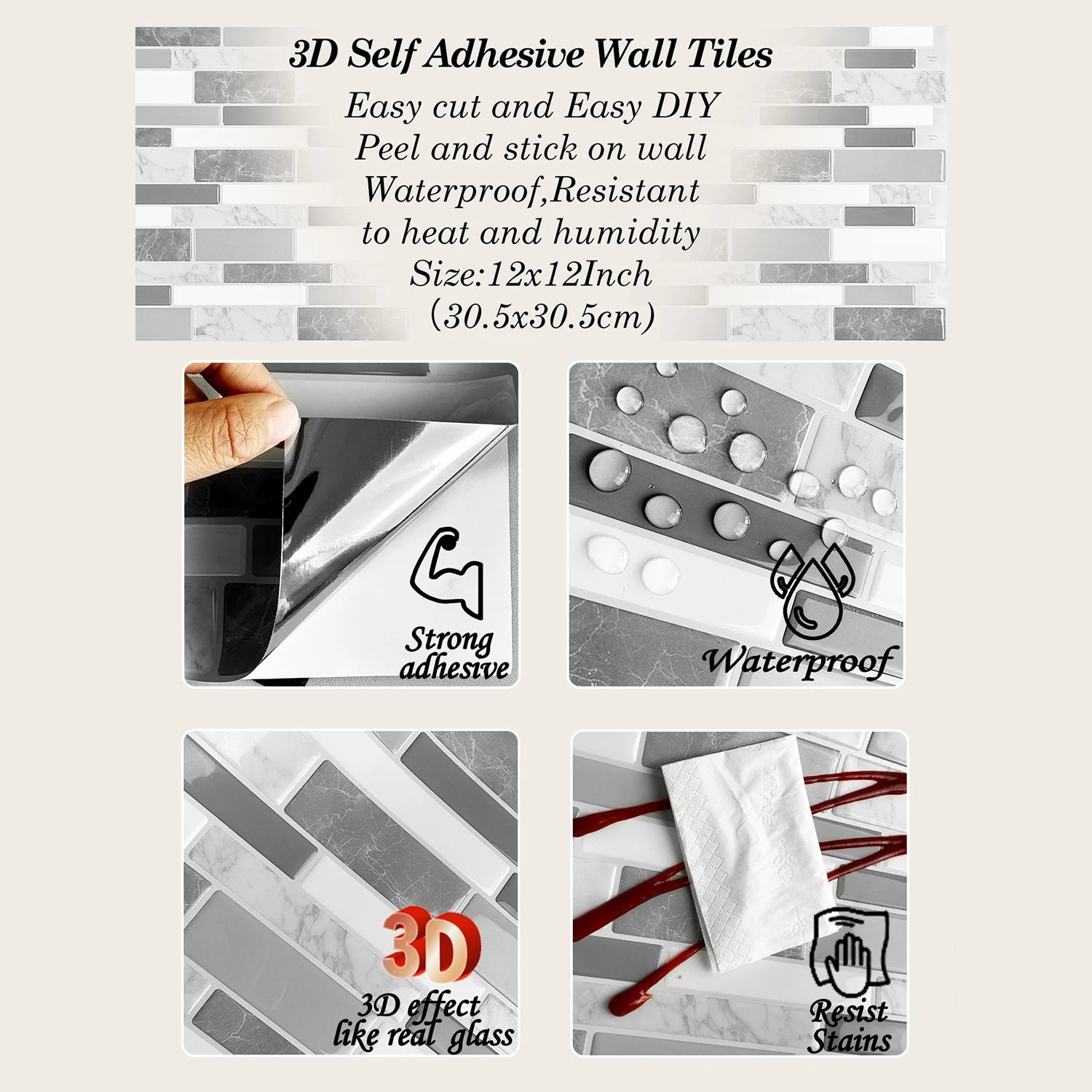 10 Sheets Kitchen & Bathroom Wall Stickers 3D Wall Tiles Peel and Stick Vinyl Wallpaper Modern Home Decor