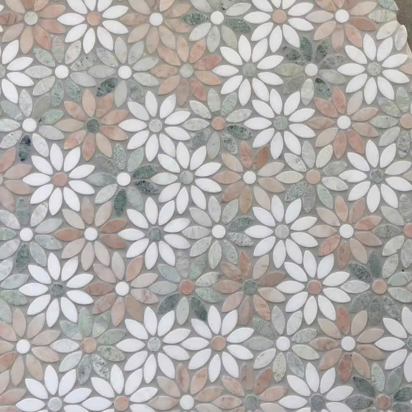 Modern White 8-10mm Flower Pattern Mosaic Wall Tiles Decorative Rectangular Tiles for Kitchen Living Room Bedroom Hotel Villa