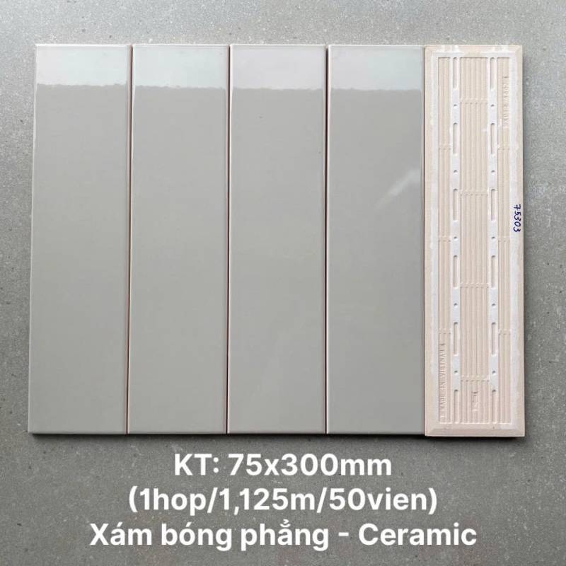 Gạch thẻ cao cấp xám ấm bóng phẳng KT 75x300mm PSTA75303