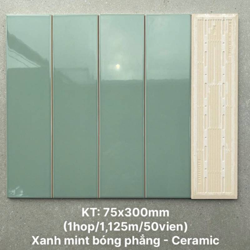 Gạch thẻ cao cấp xanh mint bóng phẳng KT 75x300mm PSTA75315P