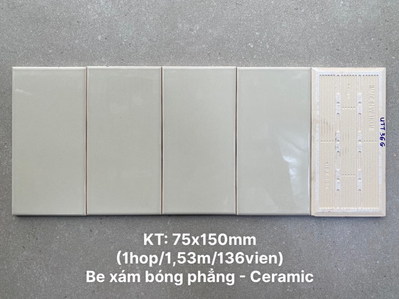 Gạch thẻ Việt Nam xám bóng phẳng KT 75x150mm loại 1    mã FA0306P