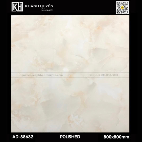 Gạch ceramic bóng, màu trắng ngà với vân mây nhạt, kích thước 800x800mm.