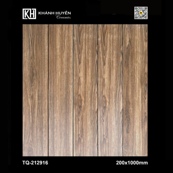 Gạch vân gỗ màu nâu với họa tiết tự nhiên, kích thước 200x1000mm, thương hiệu Khánh Huyền.